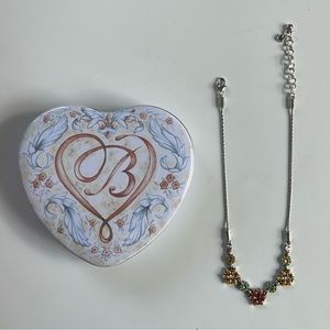 Brighton Necklace Flowers Rhinestones Silver Jewelry Adjustable With Heart Tin
